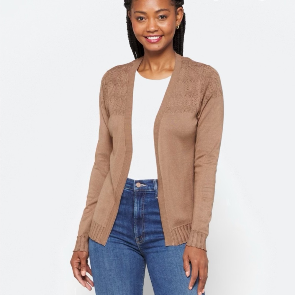 Leana Pointelle Detail Cardigan Sweater Lightweight Knit
